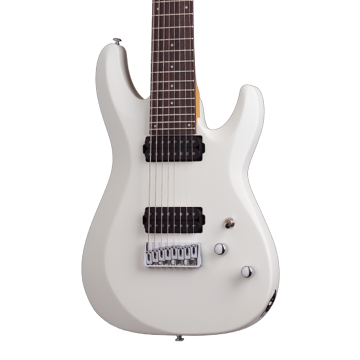 Schecter C-8 Deluxe Satin White Electric Guitar with 8-string design, dual humbuckers, and sleek satin white finish.