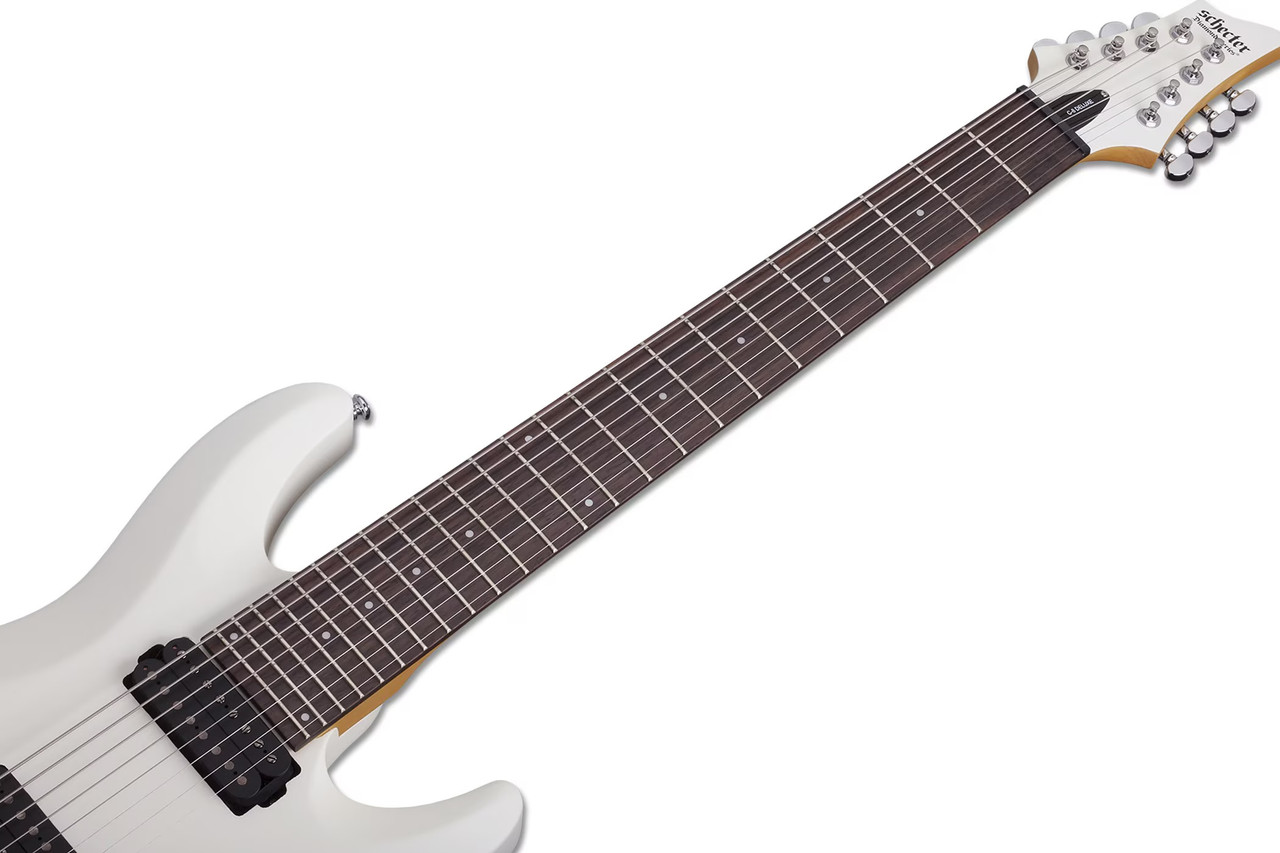 Schecter C-8 Deluxe Satin White Electric Guitar with 8-string design, dual humbuckers, and sleek satin white finish.