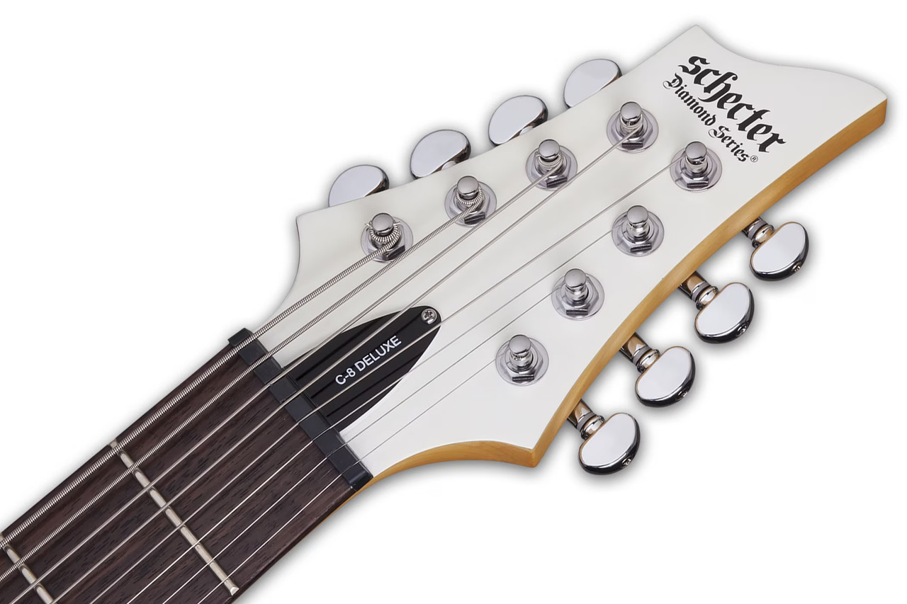 Schecter C-8 Deluxe Satin White Electric Guitar with 8-string design, dual humbuckers, and sleek satin white finish.