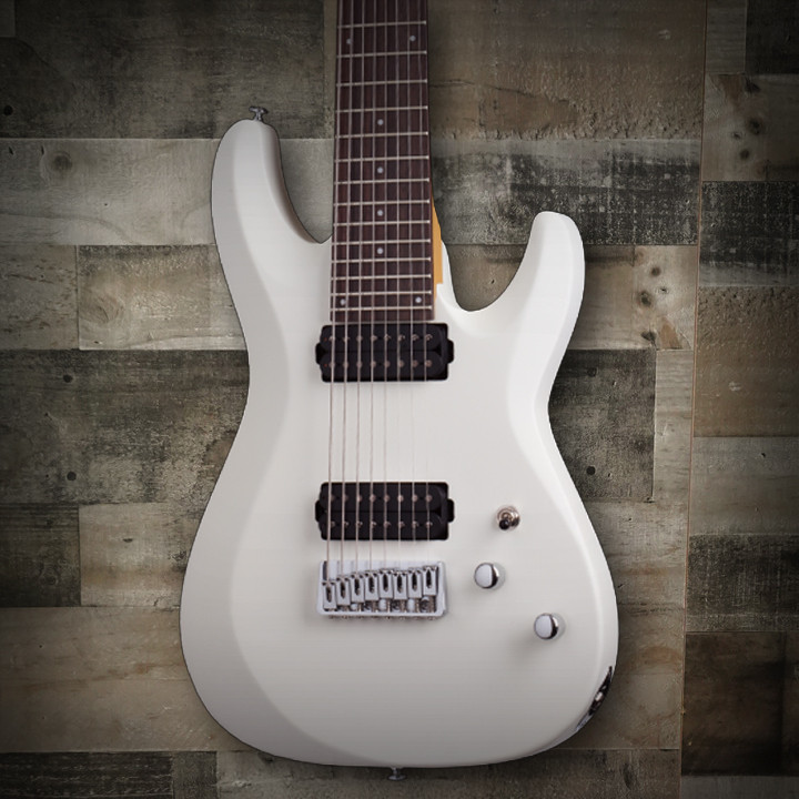 Schecter C-8 Deluxe Satin White Electric Guitar with 8-string design, dual humbuckers, and sleek satin white finish.