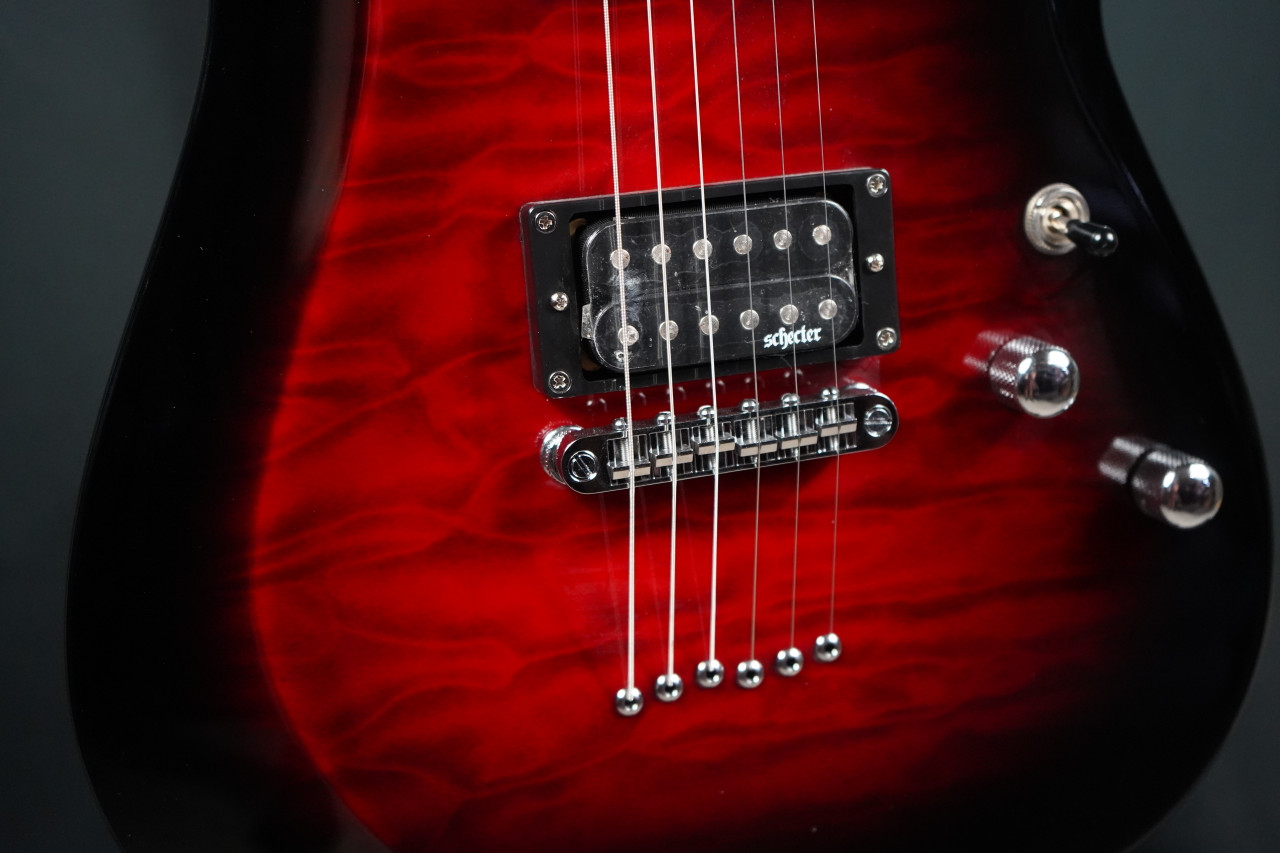 Schecter C-6 Plus See Thru Cherry Burst Electric Guitar (B-Stock) with quilted maple top, dual humbuckers, and glossy cherry burst finish.