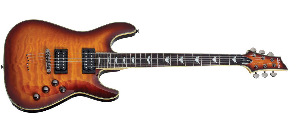 Schecter Omen Extreme-6 String Electric Guitar with quilted maple top, dual humbuckers, and contoured body design in gloss finish.