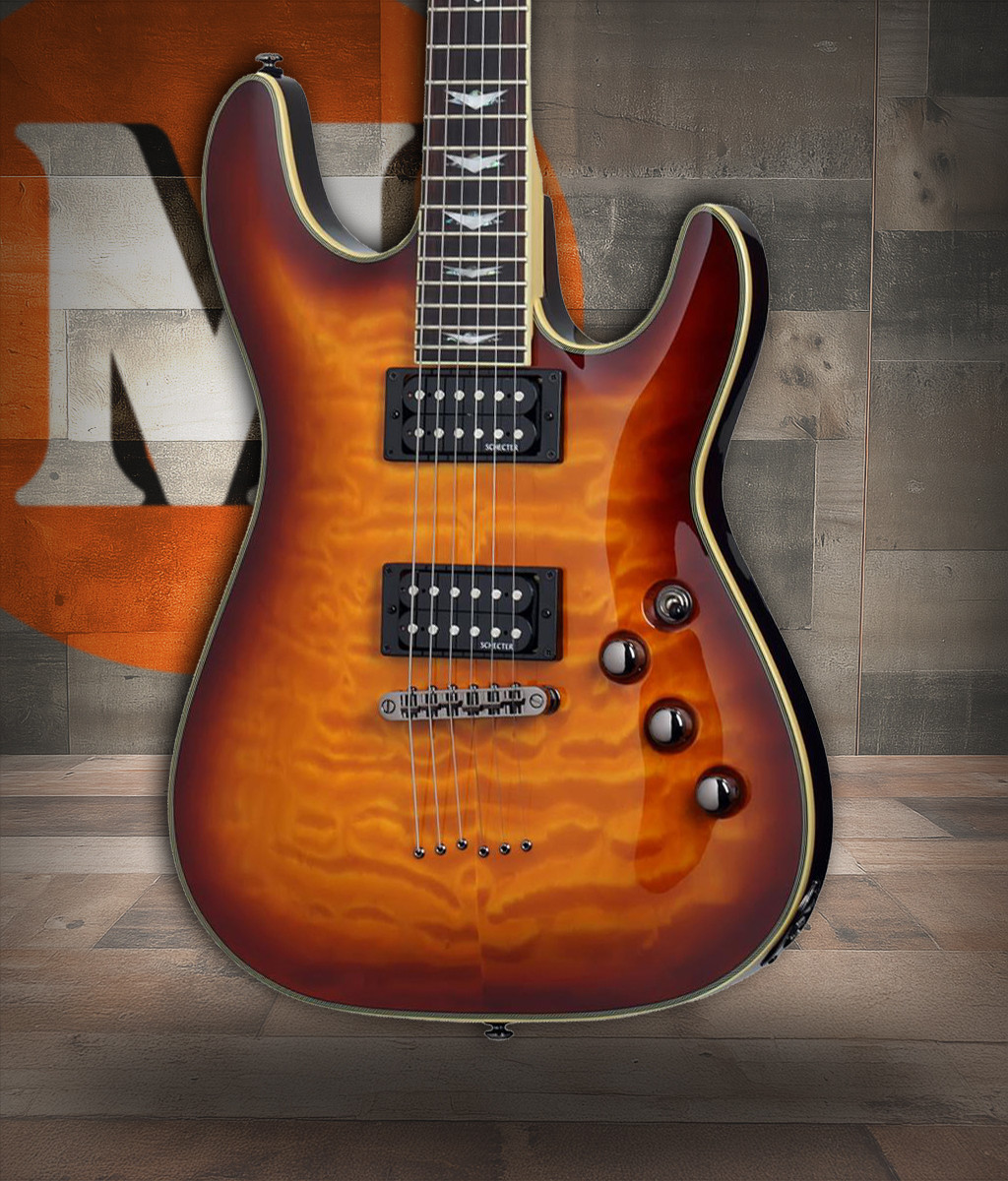 Schecter Omen Extreme-6 String Electric Guitar with quilted maple top, dual humbuckers, and contoured body design in gloss finish.
