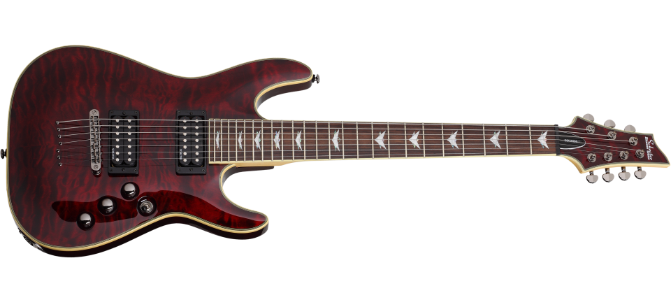 The Schecter Omen Extreme-7 String Electric Guitar (Item #2008) features a stunning Black Cherry quilted maple top over a mahogany body, delivering rich resonance and aggressive bite. Its thin-C maple neck and rosewood fingerboard provide fast, comfortable playability, while Schecter Diamond Plus humbuckers deliver high-output tone suited for metal, rock, and modern extended-range styles. Additional features include black chrome hardware, Tune-O-Matic bridge, and sleek multi-ply binding.