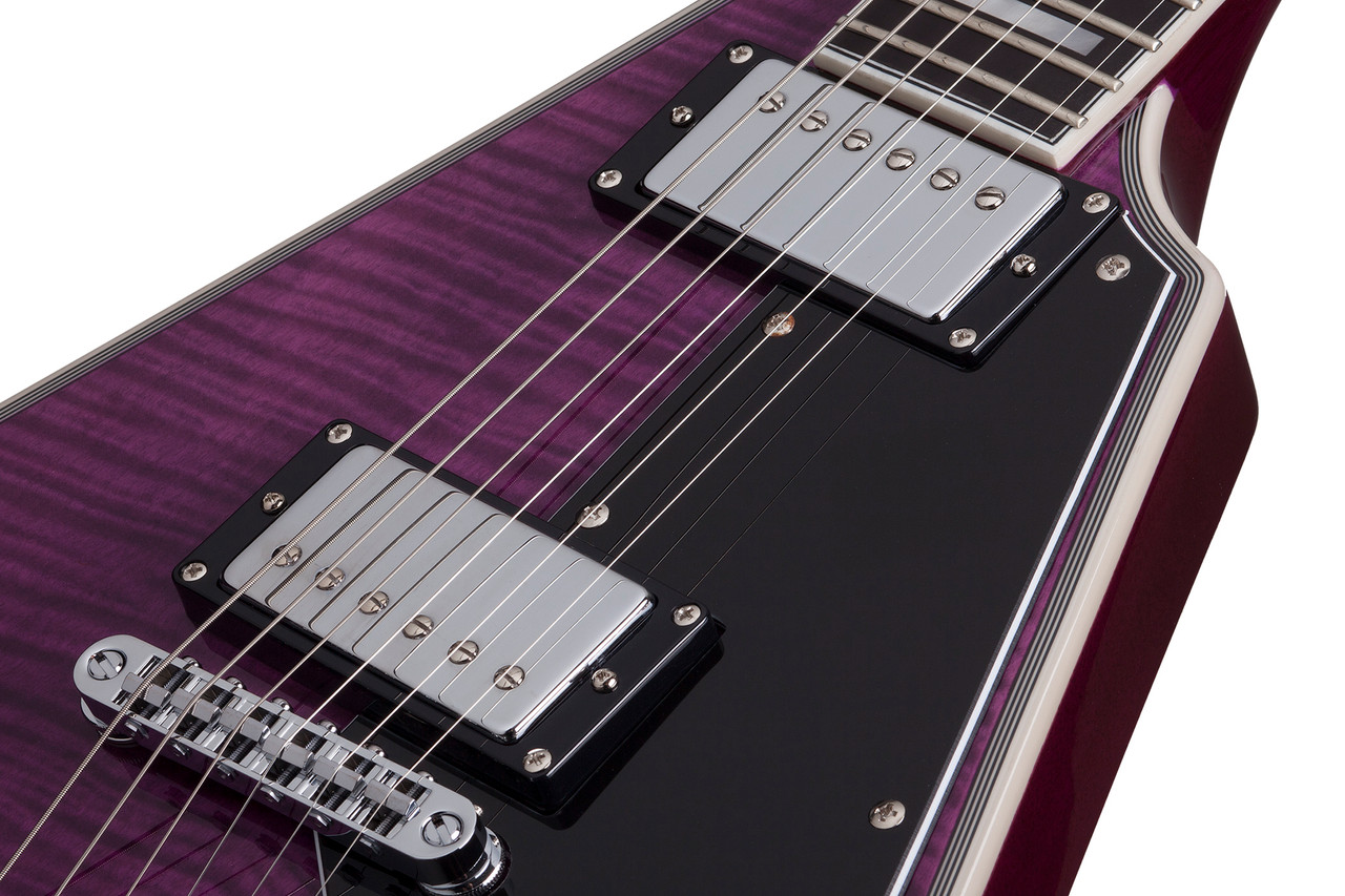 Schecter V-1 Custom Electric Guitar in Trans Purple finish with Flying V body, dual Seymour Duncan humbuckers, and chrome hardware.