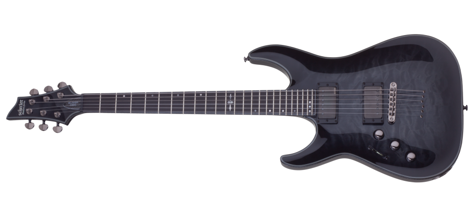 Schecter Hellraiser Hybrid C-1 LH Left Handed Electric Guitar with quilted maple top, EMG active pickups, and sleek gloss finish.