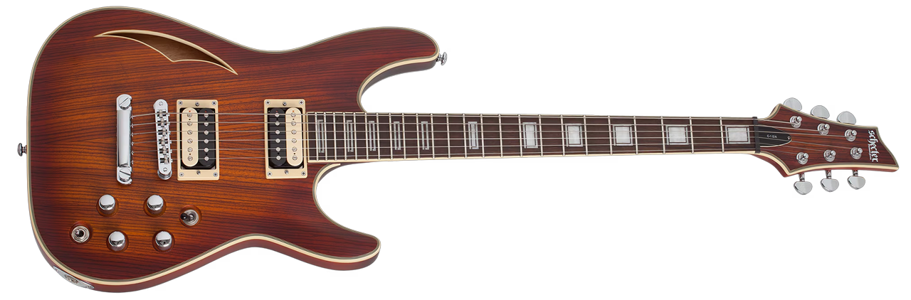 Schecter C-1 E/A Electric Guitar in Ca-s Eye finish with semi-hollow body design, dual pickups, and chrome hardware.