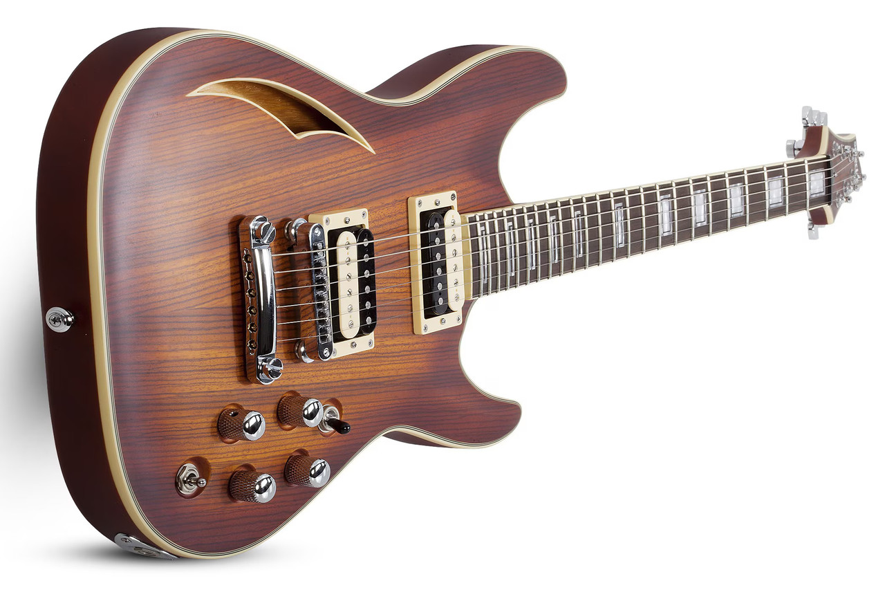 Schecter C-1 E/A Electric Guitar in Ca-s Eye finish with semi-hollow body design, dual pickups, and chrome hardware.