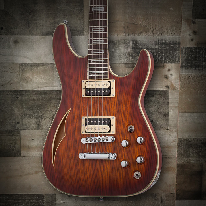 Schecter C-1 E/A Electric Guitar in Ca-s Eye finish with semi-hollow body design, dual pickups, and chrome hardware.