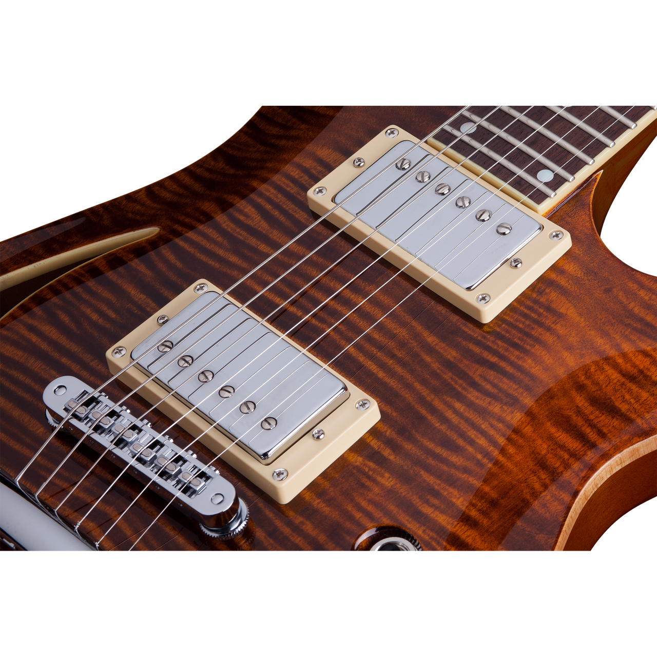 Schecter C-1 E/A Electric Guitar in Ca-s Eye finish with semi-hollow body design, dual pickups, and chrome hardware.