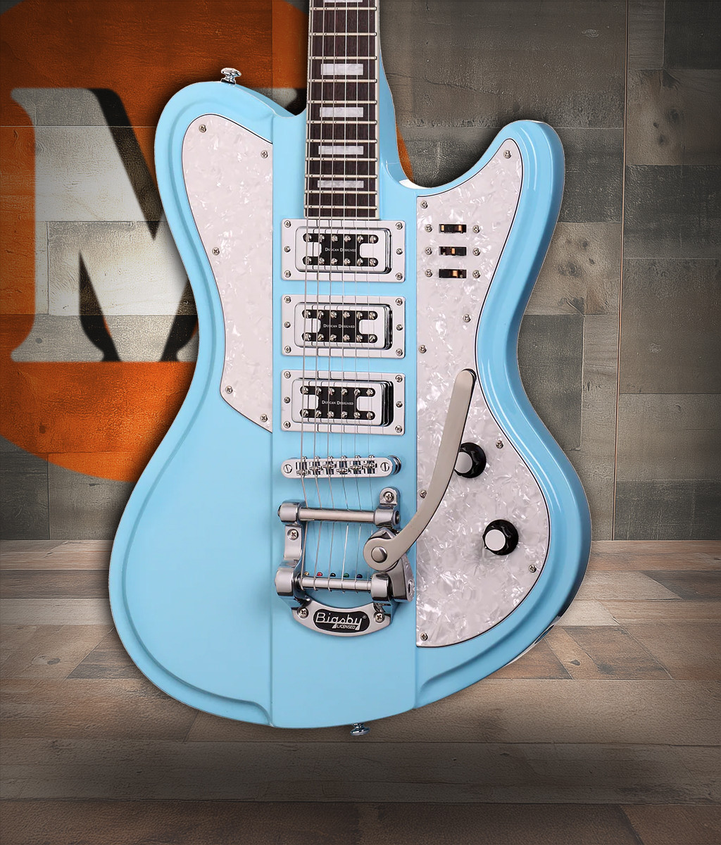 Schecter Ultra III Electric Guitar in Vintage Blue finish with chrome hardware, retro body shape, and three-pickup configuration.