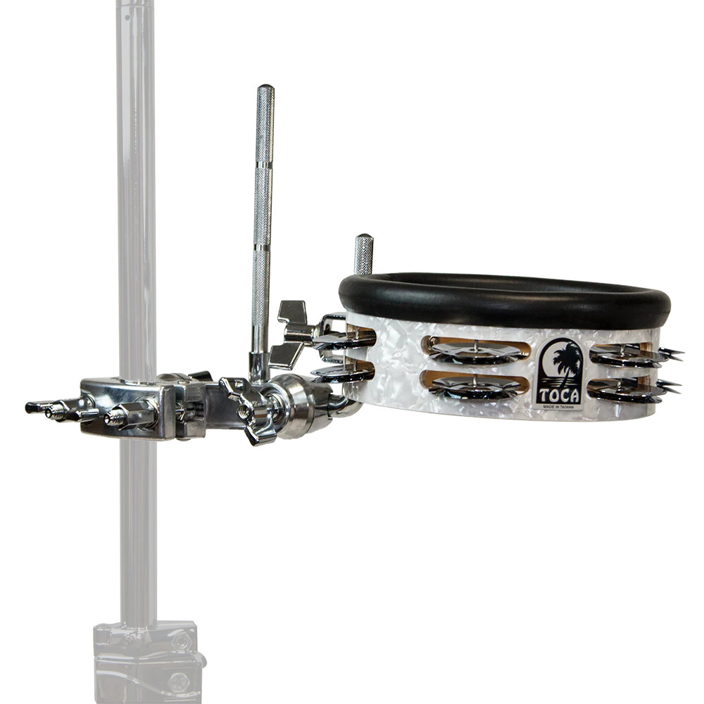 Image of the Toca Jingle Hit 6" Tambourine with Gibraltar Mount (TD-JHMTP1), showing the compact frame, bright jingles, and sturdy mounting hardware.
