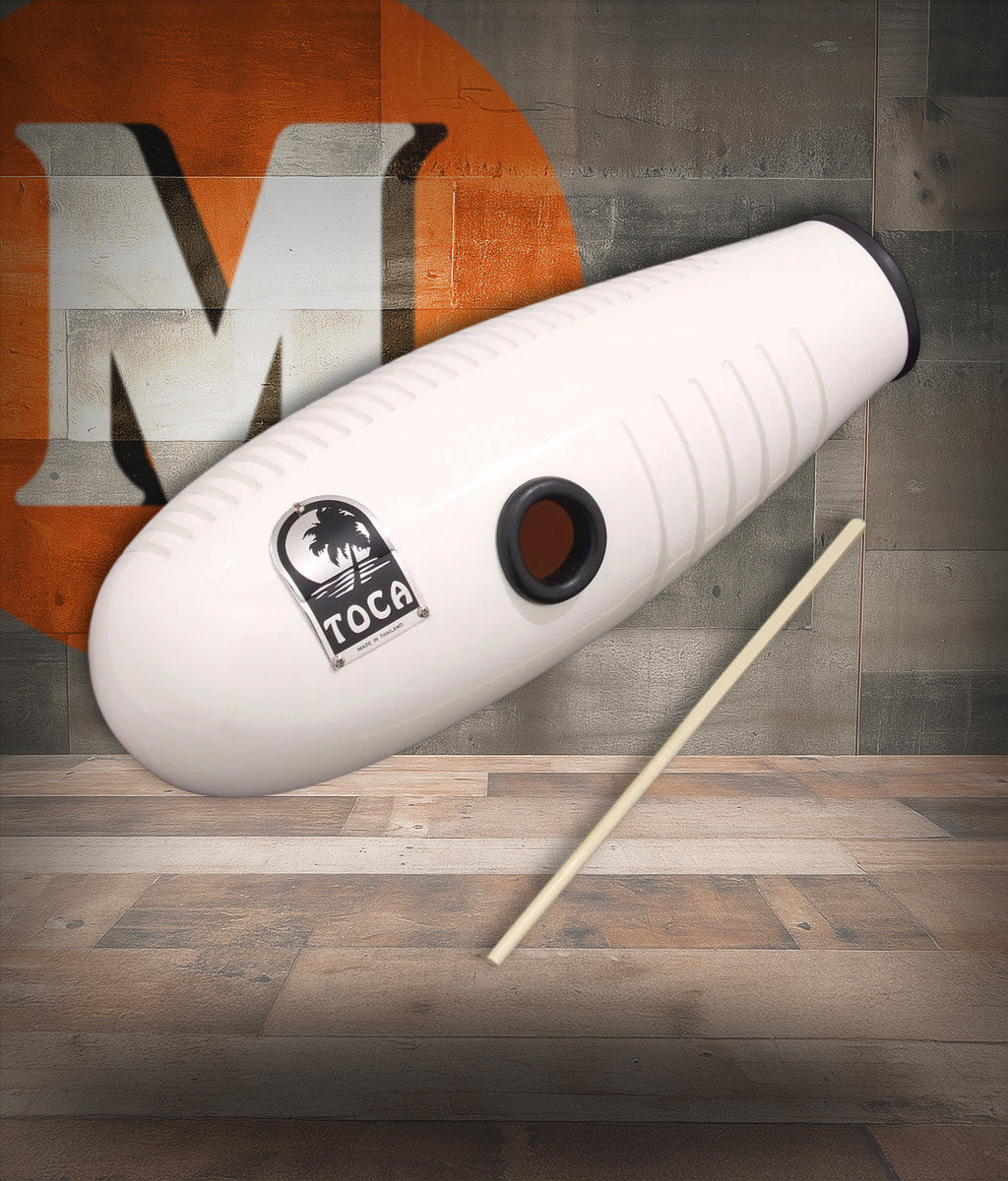 The Toca Fiberglass Guiro (T2526W) features a durable fiberglass shell with a textured surface that produces crisp, bright scraping tones. Its lightweight design and ergonomic shape make it comfortable to handle, while the white finish adds a clean, modern look. Ideal for Latin music, percussion groups, classrooms, and studio recording.