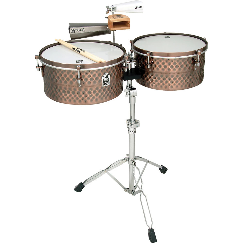 Toca Pro Line Timbales 14"/15" - Black Chrome (TPT1415-BC) featuring black chrome shells, bright cutting tone, heavy-duty tuning hardware, and an included double-braced timbale stand.
