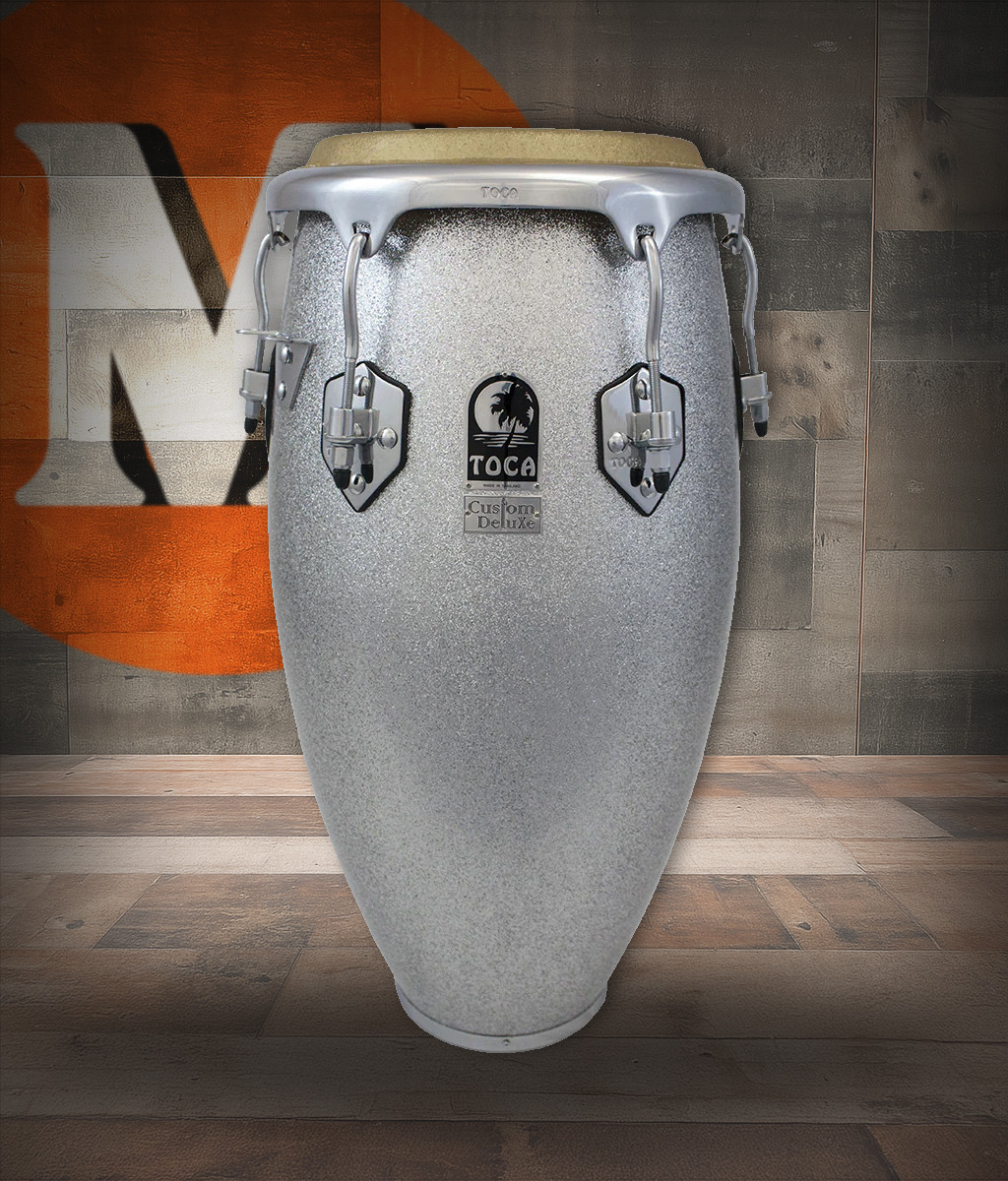 Toca CDLX Fiberglass Conga 12.5" - Silver (4612-1/2FS) featuring a durable fiberglass shell, 12.5-inch drum head, silver finish, and high-quality hardware for professional percussionists.