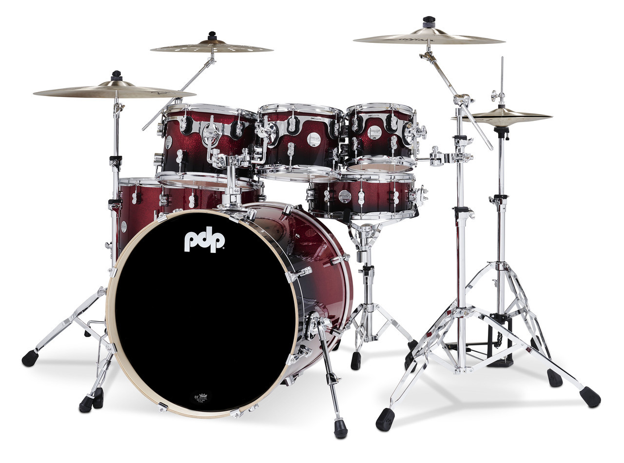 PDP Concept Maple Drum Set, 7-Piece - Red to Black Fade, Chrome Hardware (PDCM2217RB) | Musician Madness