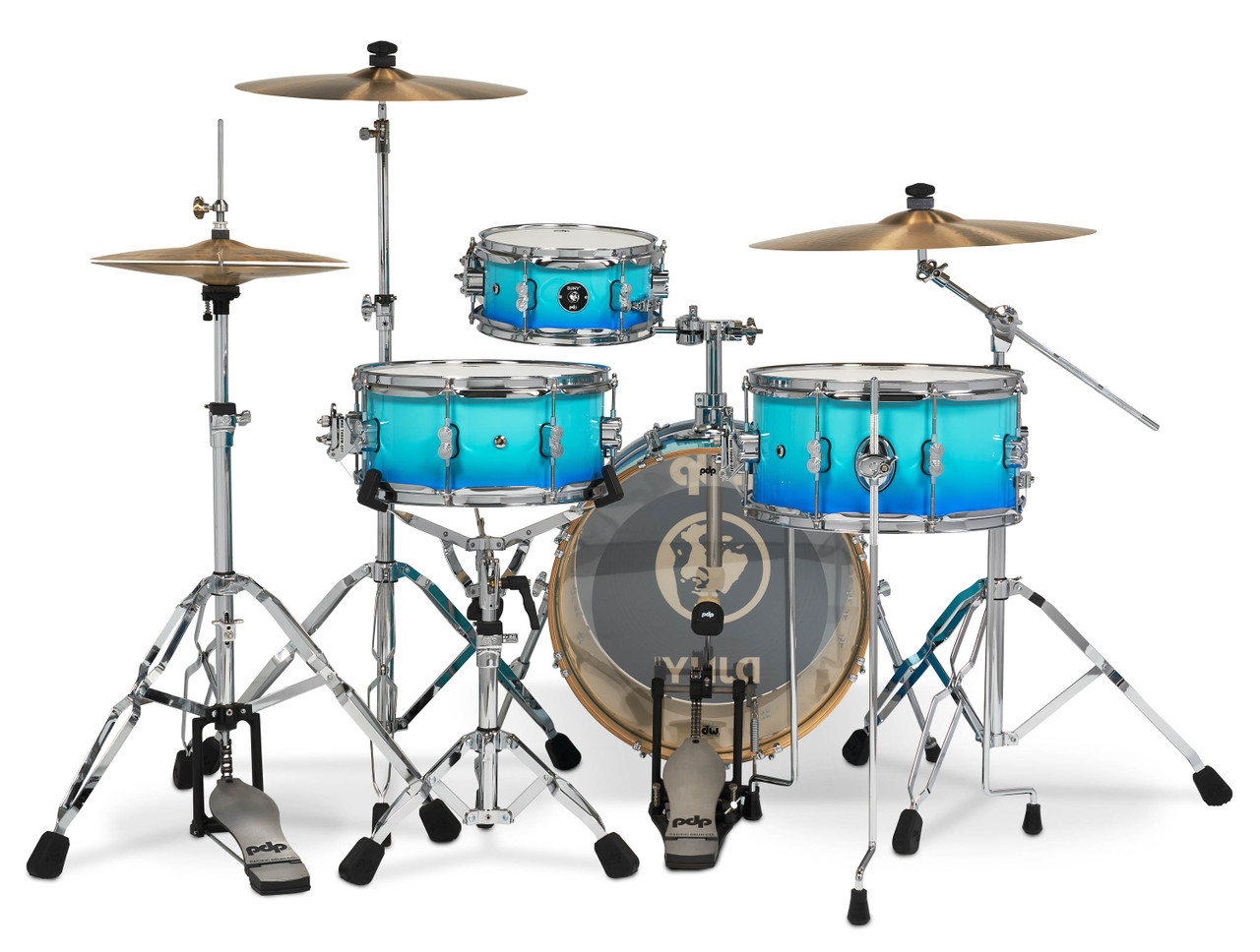 PDP Daru Jones 4-Piece Shell Pack in Blue Fade finish featuring compact toms, poplar shells, and a vintage-style bass drum.