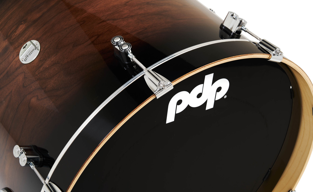 PDP Concept Exotic 5-Piece Drum Set in Walnut Charcoal Burst finish with all-maple shells and chrome hardware.