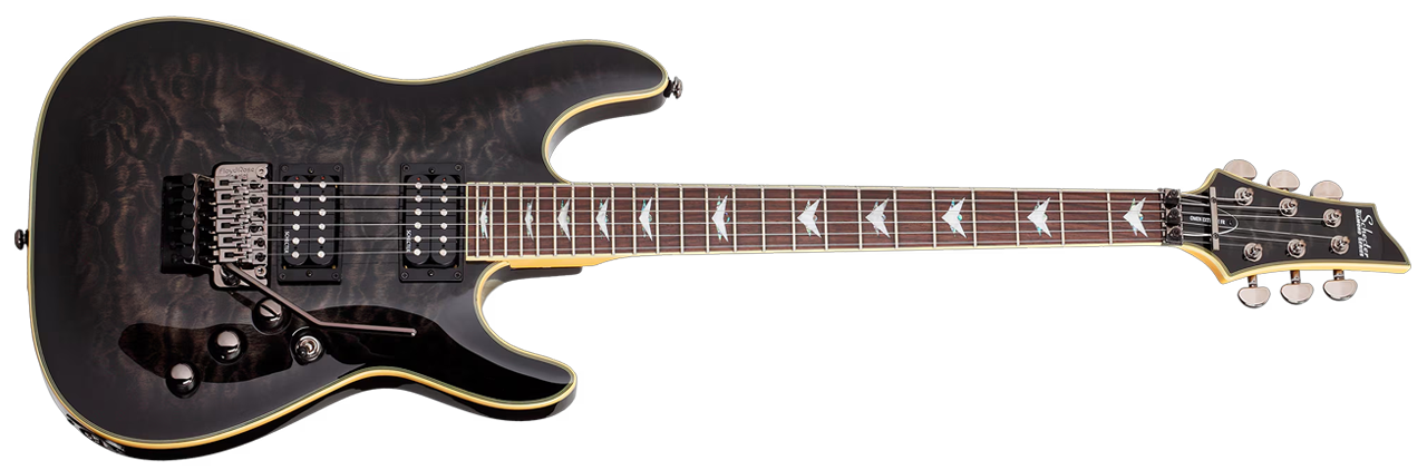 Schecter Omen Extreme FR Electric Guitar - See-Thru Black finish with quilted maple top, Floyd Rose tremolo, and dual humbuckers delivering aggressive tone and smooth playability