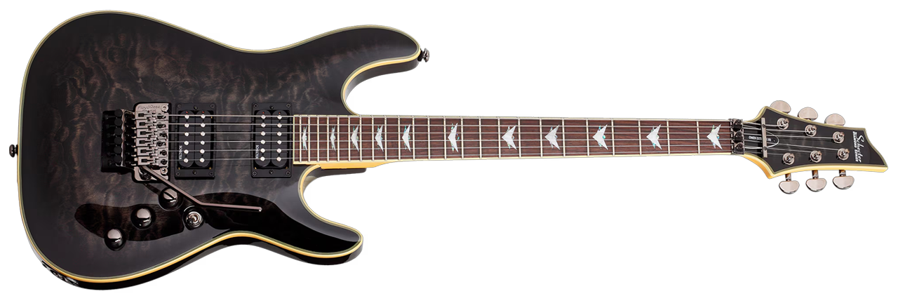 Schecter Omen Extreme FR Electric Guitar - See-Thru Black finish with quilted maple top, Floyd Rose tremolo, and dual humbuckers delivering aggressive tone and smooth playability