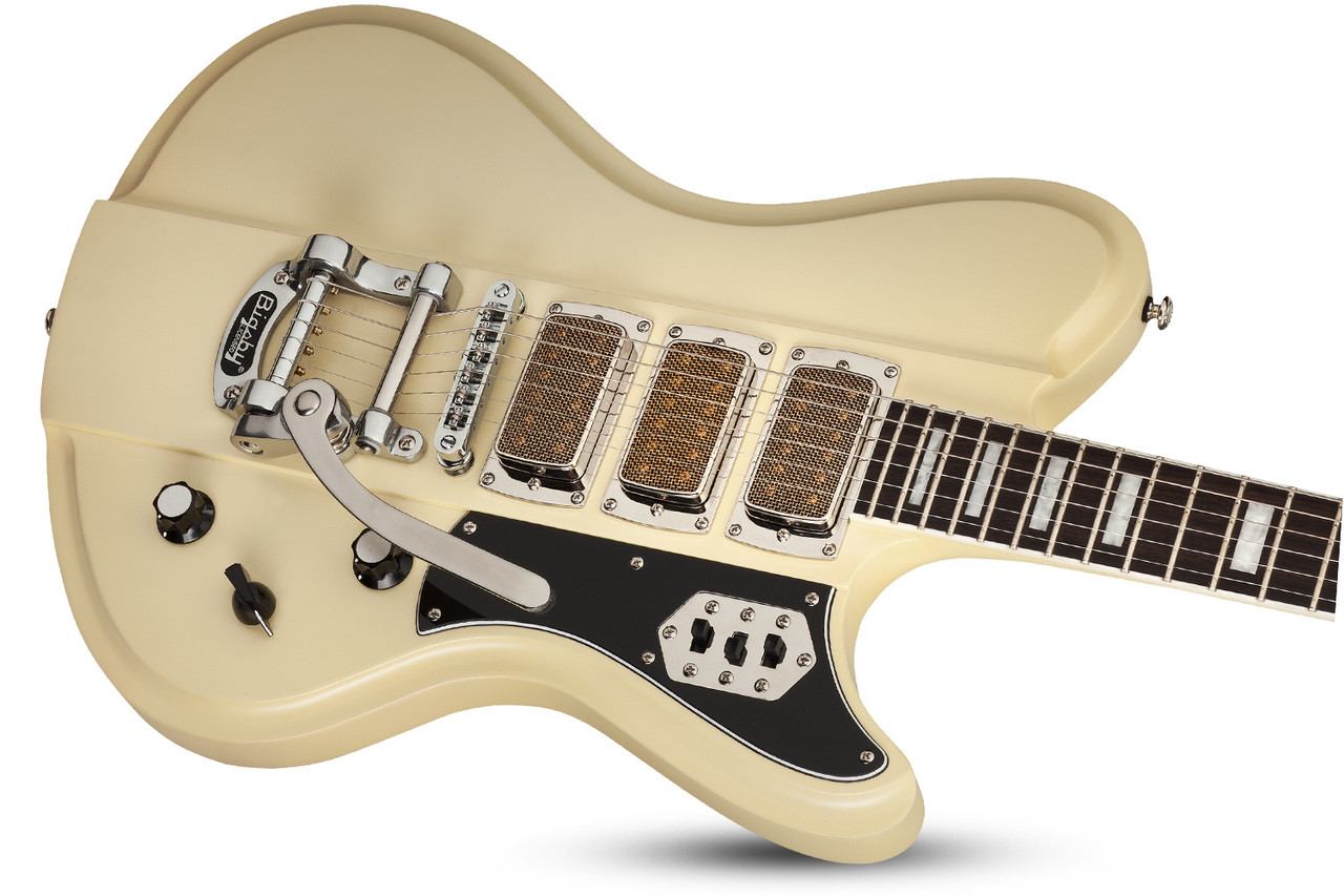 Schecter Ultra III Electric Guitar - Ivory Pearl finish featuring offset body design, dual humbuckers, chrome hardware, and smooth neck for vintage tone with modern performance