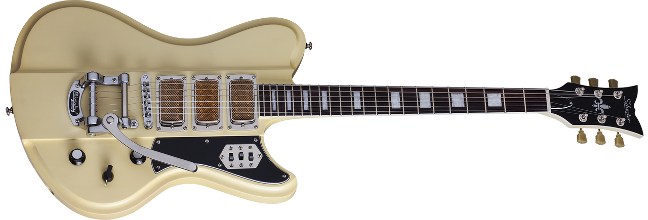 Schecter Ultra III Electric Guitar - Ivory Pearl finish featuring offset body design, dual humbuckers, chrome hardware, and smooth neck for vintage tone with modern performance