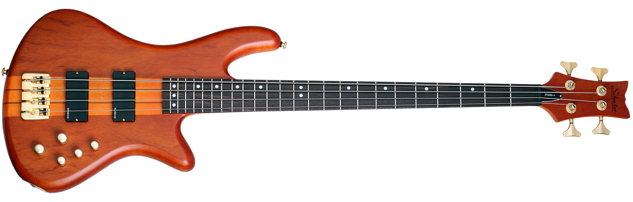 Schecter Stiletto Studio-4 HSN Electric Bass Guitar - Honey Satin finish featuring neck-thru construction, EMG pickups, active EQ, and smooth contoured body for professional tone and feel