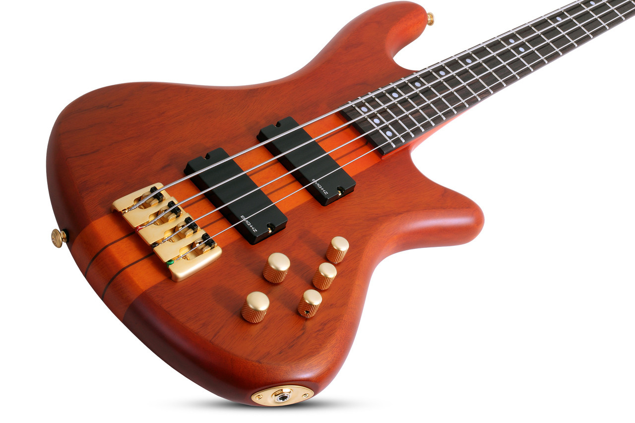 Schecter Stiletto Studio-4 HSN Electric Bass Guitar - Honey Satin finish featuring neck-thru construction, EMG pickups, active EQ, and smooth contoured body for professional tone and feel