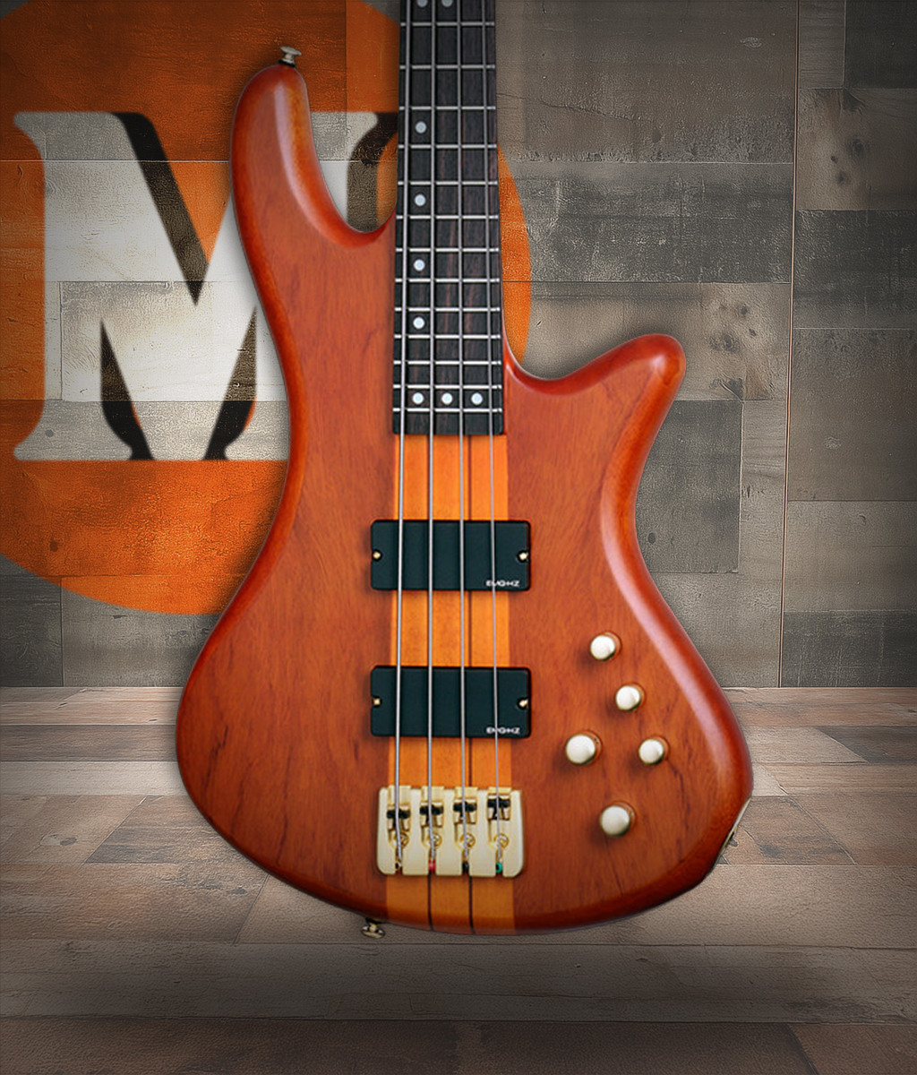 Schecter Stiletto Studio-4 HSN Electric Bass Guitar - Honey Satin finish featuring neck-thru construction, EMG pickups, active EQ, and smooth contoured body for professional tone and feel