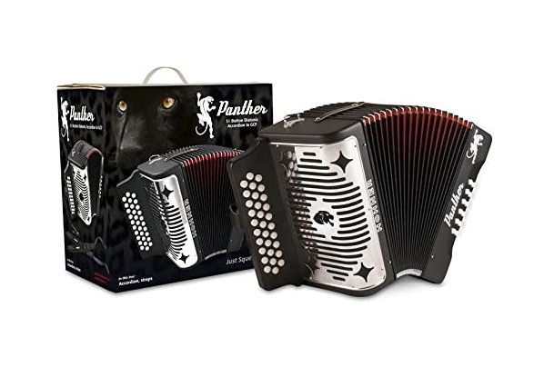 The Hohner Panther HA-3100 GCF Diatonic Accordion offers rich tone, smooth playability, and a matte black finishâ€”ideal for Tex-Mex, NorteÃ±o & Folk players.