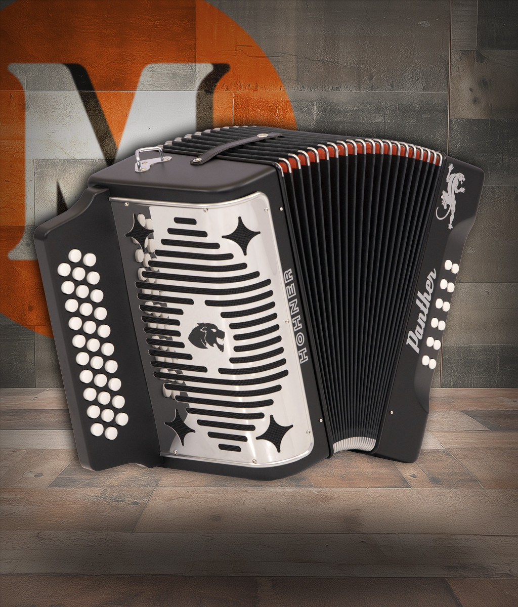 The Hohner Panther HA-3100 GCF Diatonic Accordion offers rich tone, smooth playability, and a matte black finishâ€”ideal for Tex-Mex, NorteÃ±o & Folk players.
