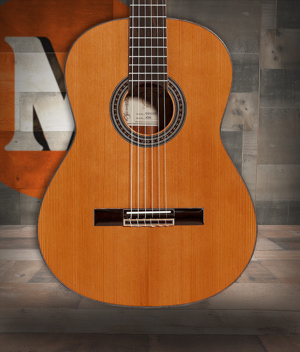 The Alvarez AC65 Classical Guitar features a solid cedar top paired with mahogany back and sides for warm, rich, and expressive nylon-string tone. Its traditional classical neck profile, slotted headstock, and smooth playability make it an excellent choice for students, fingerstyle players, and musicians seeking a responsive, warm-voiced classical instrument.