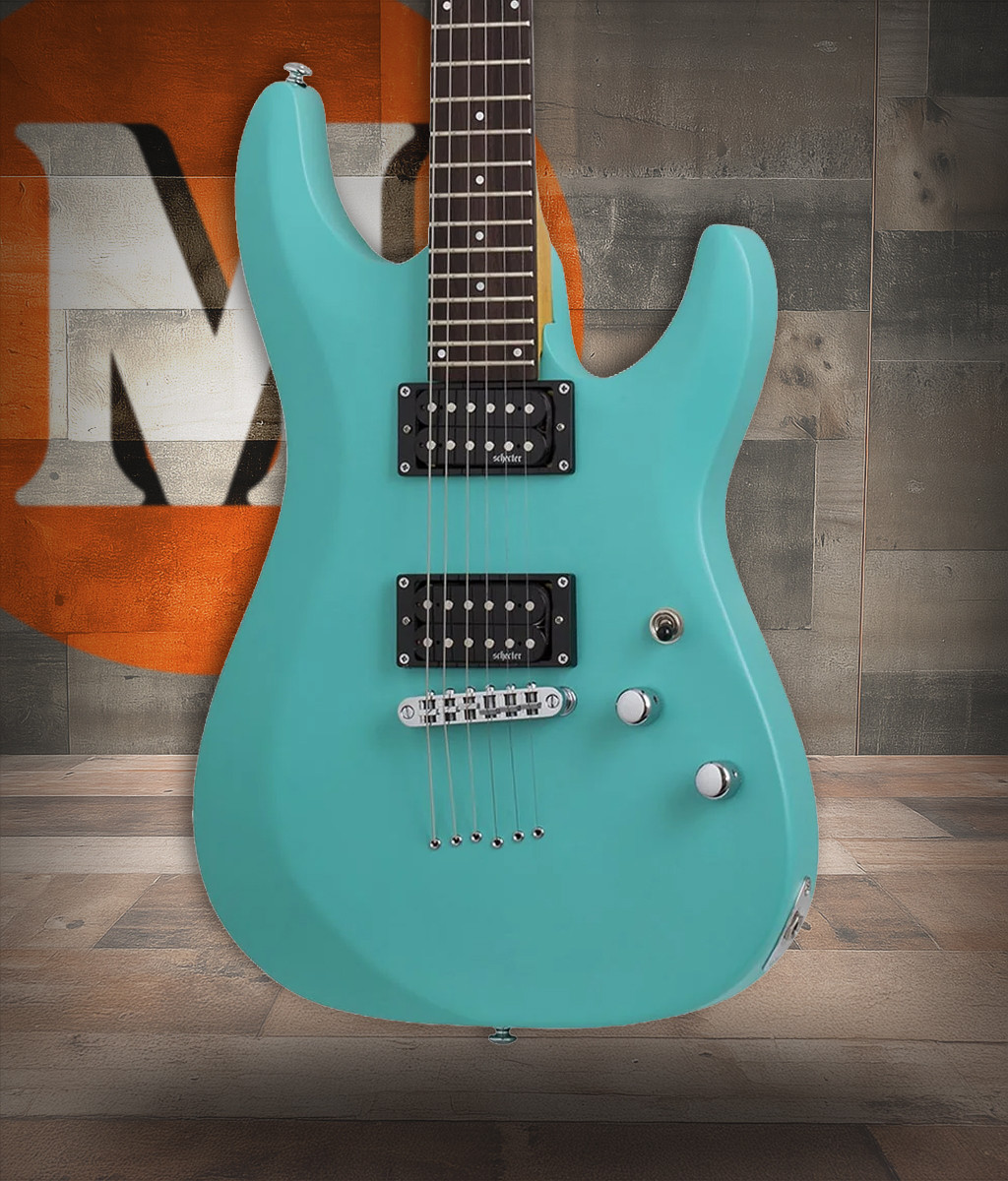 The Schecter C-6 Deluxe Satin Aqua Electric Guitar (428) features a lightweight basswood body, thin-C maple neck, and high-output humbuckers for punchy, versatile tone. Its satin aqua finish adds a bold, modern look, while the contoured body and smooth fretwork offer excellent comfort and playability for practice, recording, or live performance.
