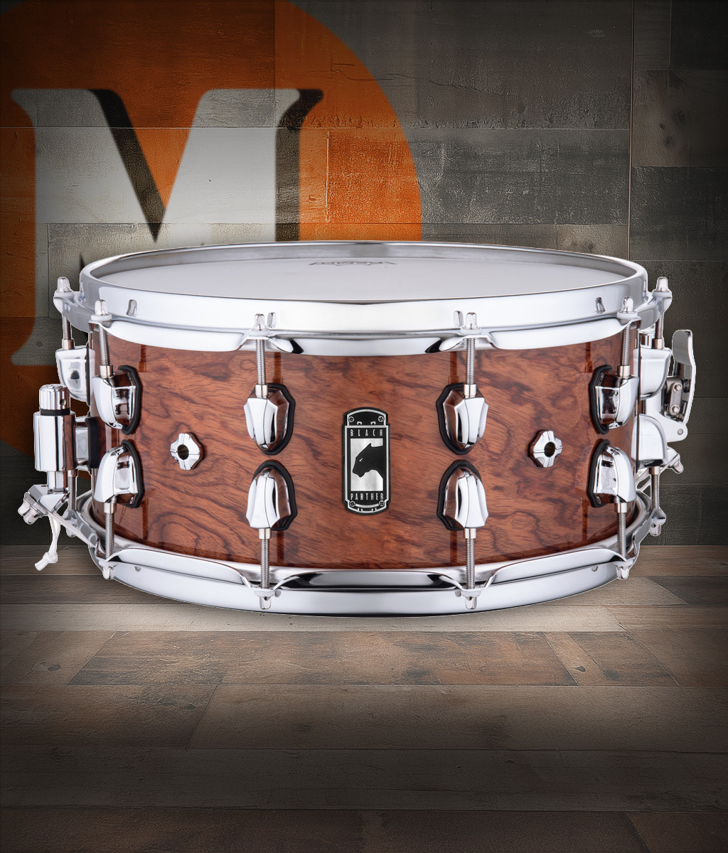 Mapex Black Panther Shadow 14" x 6.5" Snare Drum â€“ Natural (BPNBW4650CXN) featuring a birch/walnut hybrid shell, natural finish, and dark, full tone with dynamic sensitivity.