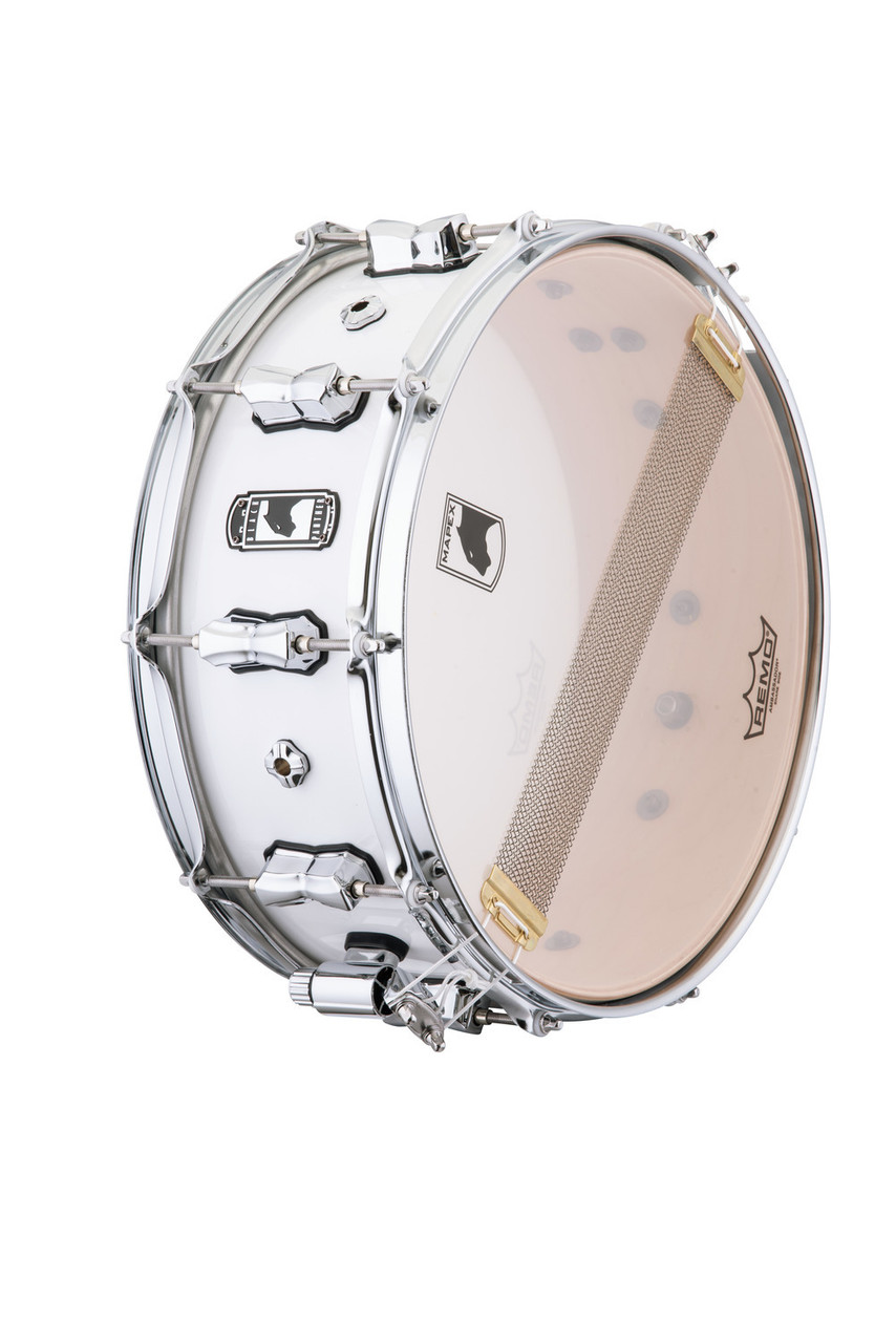 Mapex Black Panther Venom 14" x 5.5" Snare Drum â€“ Arctic White (BPNML4550COW) featuring a maple shell, precision lugs, and bright, responsive tone with sleek white finish.