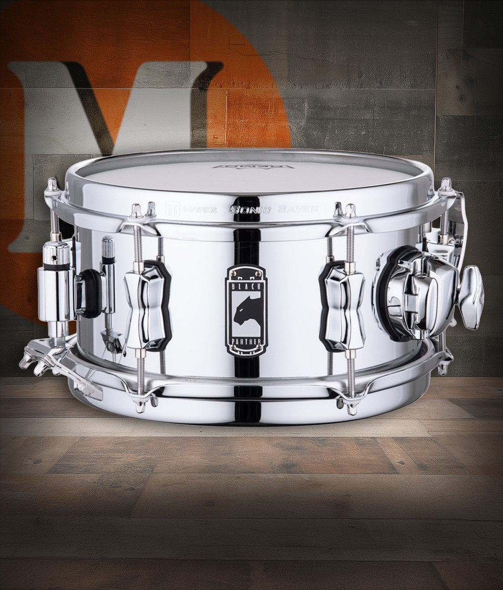 Mapex Black Panther Wasp 10" x 5.5" Snare Drum (BPNST0551CN) featuring a steel shell with chrome hardware and sharp, responsive tone perfect for side snare or auxiliary use.