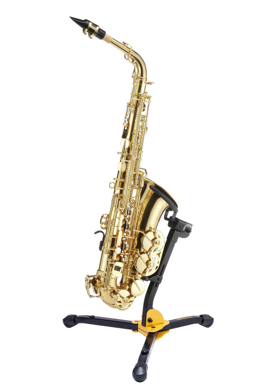Hercules DS630BB Auto Grip System Alto/Tenor Saxophone Stand featuring AGS automatic locking yoke, adjustable support arms, and a stable base for secure saxophone placement.