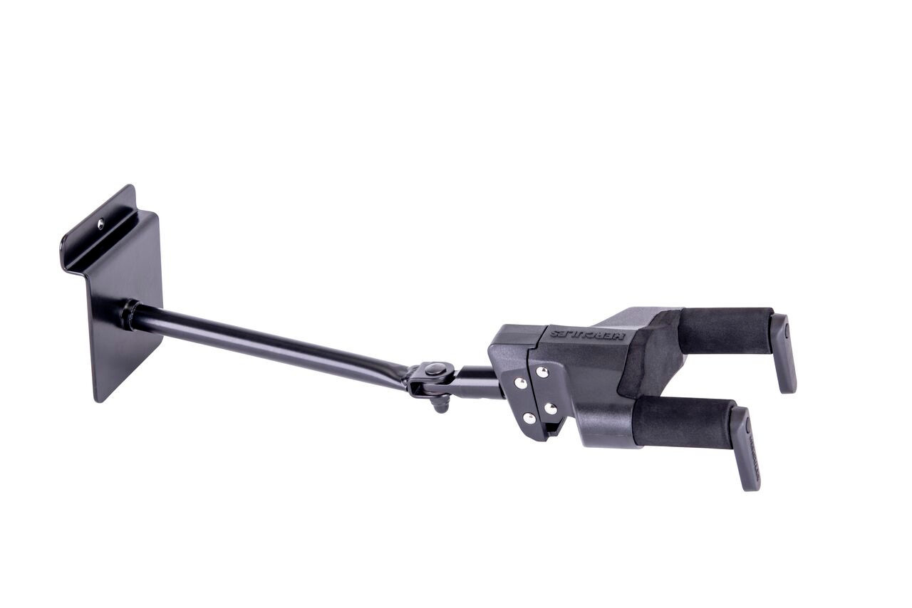 Hercules GSP40SBPLUS PLUS Series Universal AutoGrip Slat Wall Guitar Hanger (16mm insertion) featuring AutoGrip neck locking, foam-padded arms, and secure slat wall mounting compatible with electric, acoustic, and bass guitars.