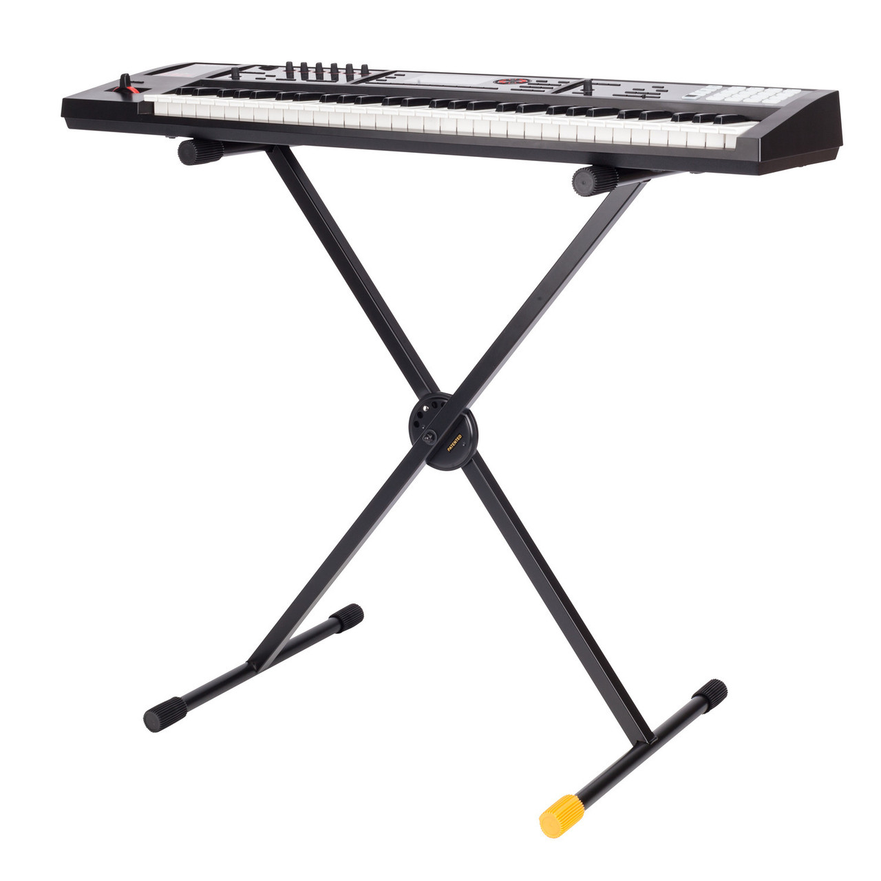 Hercules KS110B EZ-LOK Single X Keyboard Stand featuring a sturdy X-frame, EZ-LOK height adjustment mechanism, and durable rubber support caps for secure keyboard placement.