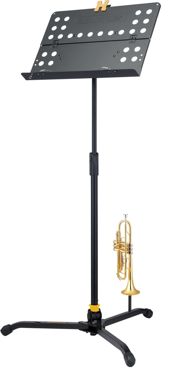 Hercules BS311B EZ Clutch Orchestra Stand featuring a tilting base, swivel legs, adjustable height with EZ Clutch system, and a sturdy black sheet tray for professional performance use.