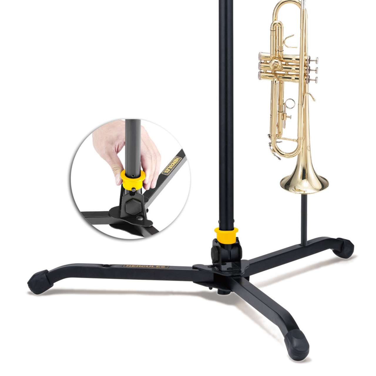 Hercules BS311B EZ Clutch Orchestra Stand featuring a tilting base, swivel legs, adjustable height with EZ Clutch system, and a sturdy black sheet tray for professional performance use.