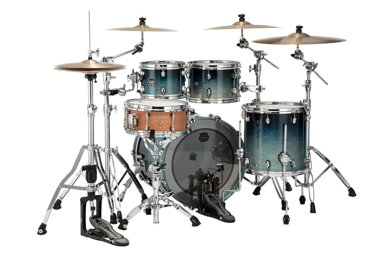 Mapex SR504XRJ Saturn Fusion 4-Piece Shell Pack in Teal Blue Fade finish, no snare included.