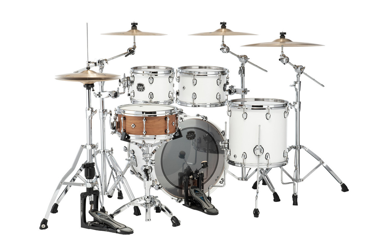 Mapex SR504XRM Saturn Fusion 4-Piece Shell Pack in Satin White finish, no snare included.