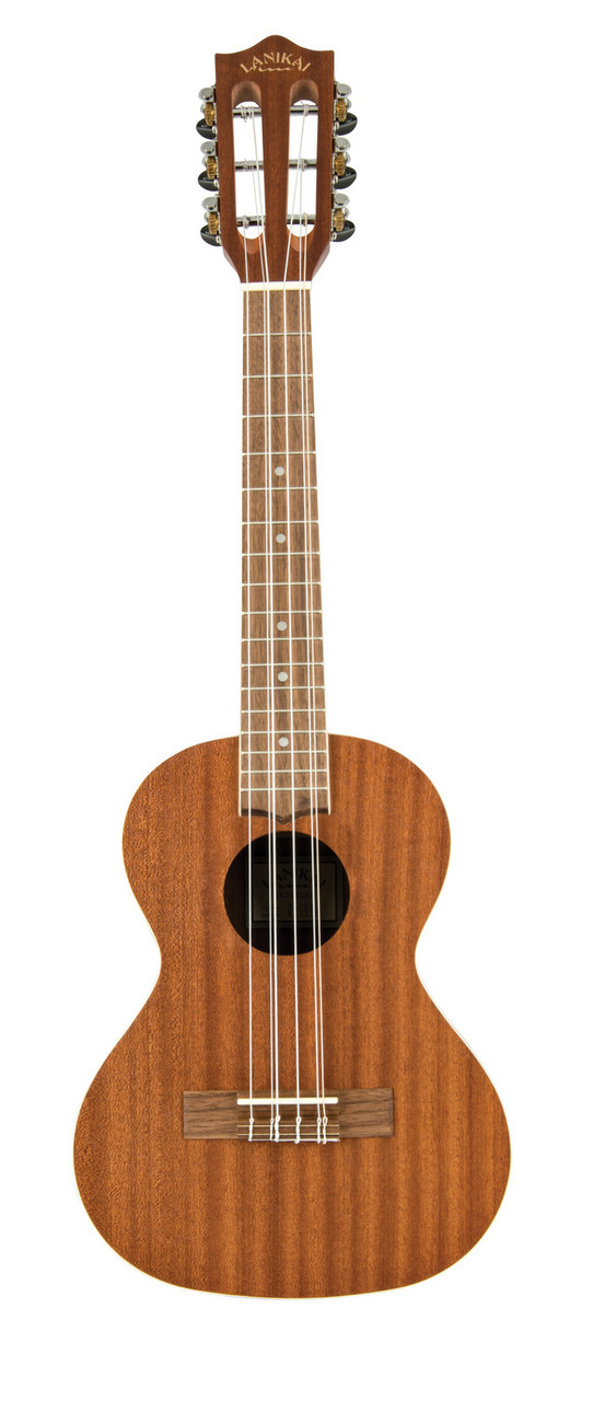 The Lanikai MA-6T Tenor Ukulele features a mahogany top, back, and sides that deliver warm, resonant tone with smooth mids. Its 6-string configuration pairs strings in octave and unison courses, adding depth and fullness to chords and melodies. With comfortable tenor sizing, quality tuners, and clean craftsmanship, i-s an excellent choice for players seeking a lush, full-bodied ukulele sound.