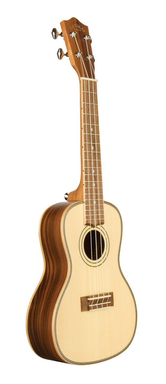 The Lanikai SPST-C Concert Ukulele features a solid spruce top that delivers bright, crisp tone with excellent projection, while the Morado back and sides add warmth and midrange depth. The concert size provides a comfortable feel with balanced volume, making it ideal for both fingerstyle and strumming. A beautifully crafted ukulele designed for players seeking clarity, responsiveness, and refined tone.