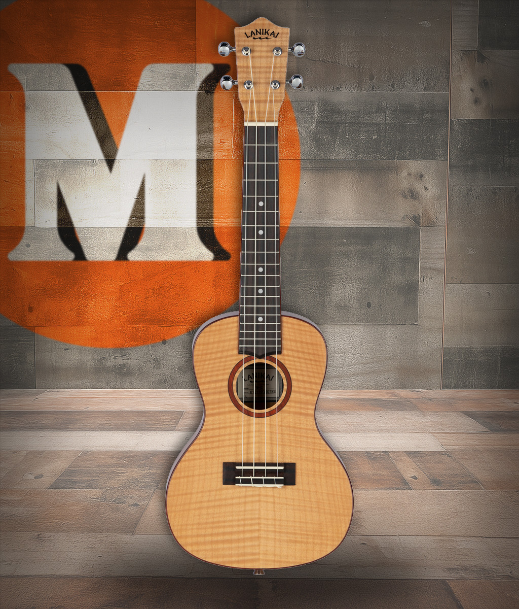 The Lanikai FM-C Concert Ukulele features a stunning flame maple top, back, and sides that deliver a bright, crisp, and projecting tone. The concert size offers comfortable playability with enhanced volume and clarity. With elegant binding, quality tuners, and smooth neck feel, this uke is perfect for players seeking eye-catching aesthetics and refined sound.