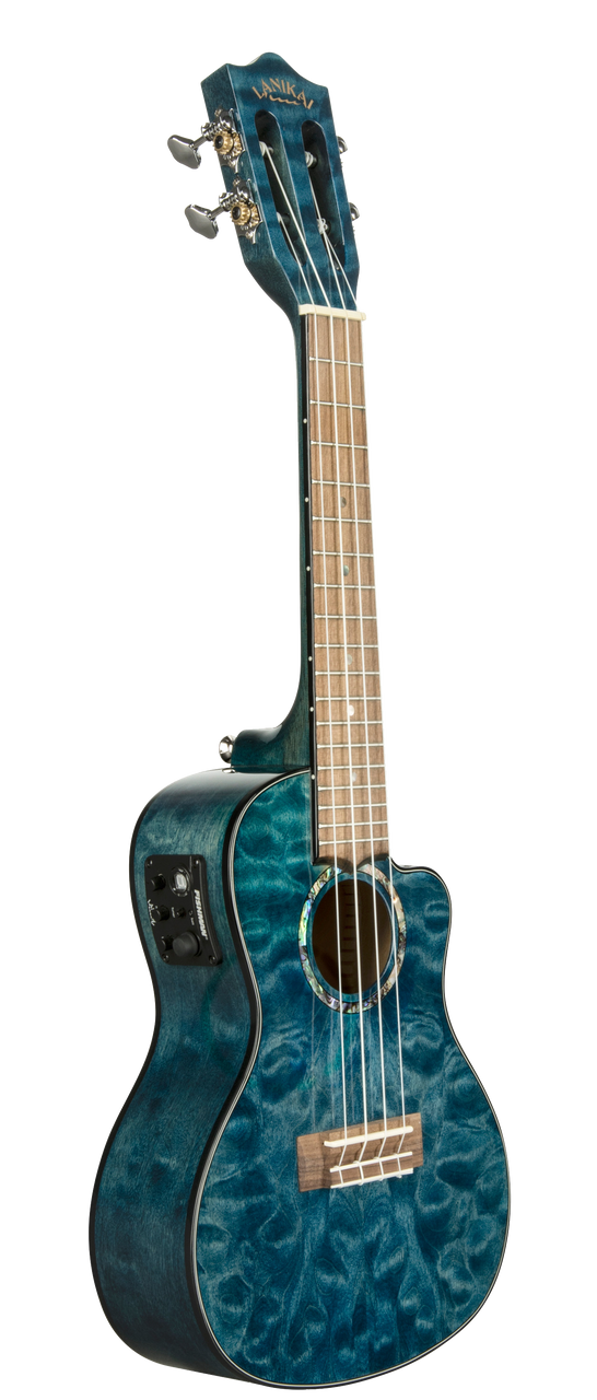 The Lanikai QM-BLCEC Concert Acoustic-Electric Ukulele features a beautifully figured quilted maple top, back, and sides topped with a vivid Blue Stain finish. Its concert-size body provides warm projection and comfortable playability. Equipped with a Kula preamp system, it delivers clear, natural amplified sound for stage or studio use. Premium binding, chrome open-back tuners, and a smooth neck make this a visually stunning and highly playable instrument.