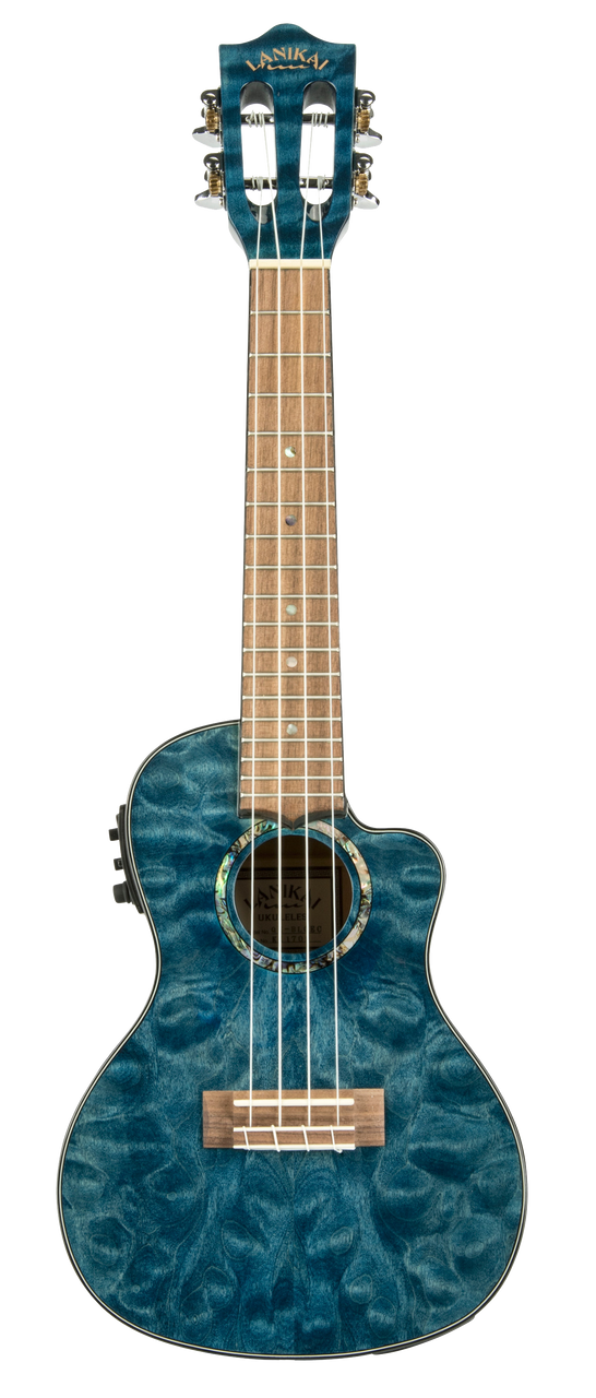 Lanikai Quilted Maple Blue Stain Concert A/E Ukulele w/ Kula Preamp (QM-BLCEC) | Musician Madness