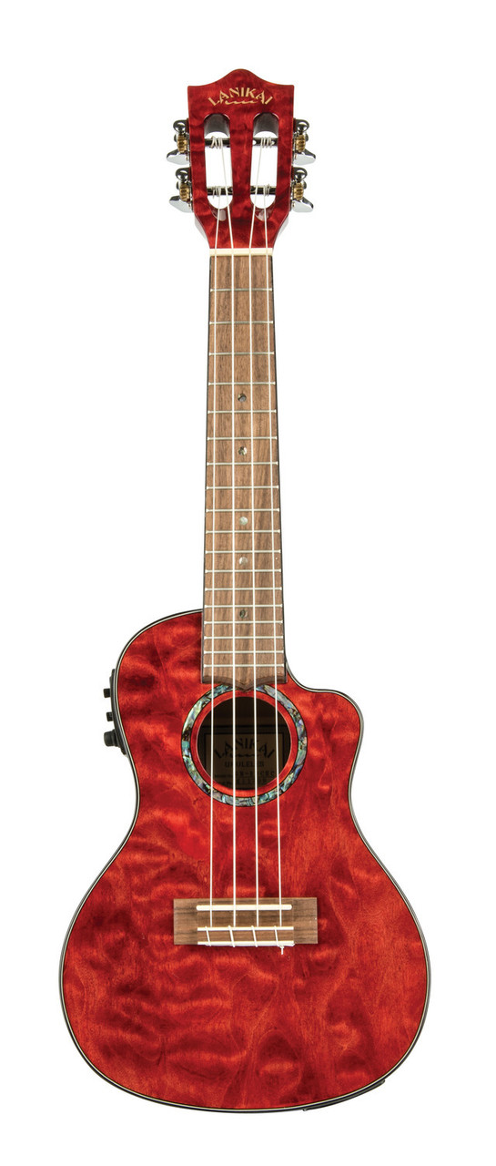 The Lanikai QM-RDCEC Concert Ukulele features a beautifully figured quilted maple top, back, and sides with a bold Red Stain finish that stands out on any stage. The cutaway design allows easy access to upper frets, while the FishmanÂ® Kula preamp and built-in tuner provide clean, natural amplified sound. Perfect for players seeking striking visuals, reliable electronics, and premium concert-level tone.