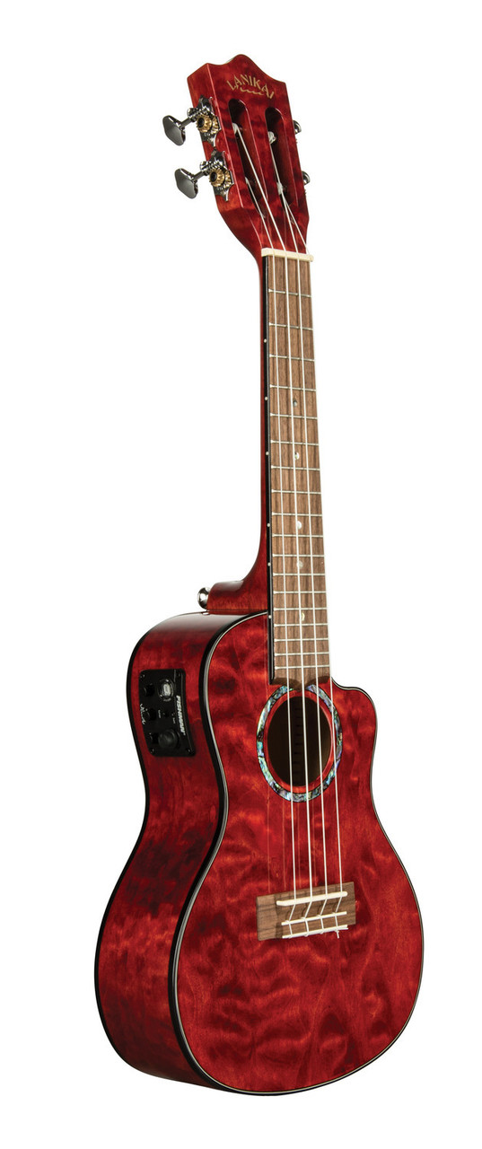 The Lanikai QM-RDCEC Concert Ukulele features a beautifully figured quilted maple top, back, and sides with a bold Red Stain finish that stands out on any stage. The cutaway design allows easy access to upper frets, while the FishmanÃ‚Â® Kula preamp and built-in tuner provide clean, natural amplified sound. Perfect for players seeking striking visuals, reliable electronics, and premium concert-level tone.
